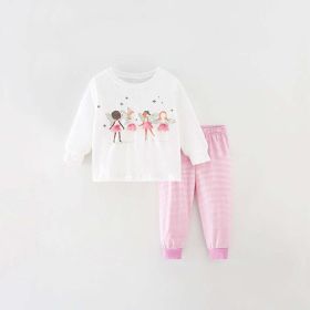 Baby Girl Elf Print Pattern White Hoodie And Striped Pant Sets (Color: Pink, Size/Age: 110 (3-5Y))
