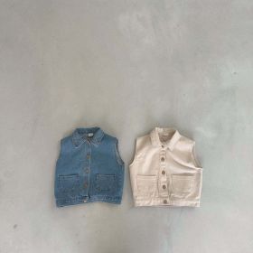 Baby Denim Single Breasted Design Sleveless Coat (Color: White, Size/Age: 73 (6-9M))