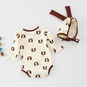 Baby 1pcs Cartoon Bear & Calf Graphic Long Sleeved Soft Bodysuit With Hat (Color: Coffee, Size/Age: 66 (3-6M))