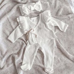 Baby Girl Solid Color Pure Cotton Long Sleeve Tops With Pants Sets (Color: White, Size/Age: 73 (6-9M))