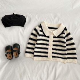 Baby Striped Pattern Lapel Knitted Cardigan With Pants Sets (Color: Black, Size/Age: 110 (3-5Y))