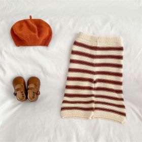 Baby Striped Pattern Lapel Knitted Cardigan With Pants Sets (Color: Apricot, Size/Age: 80 (9-12M))