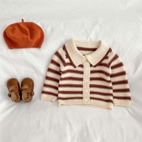 Baby Striped Pattern Lapel Knitted Cardigan With Pants Sets (Color: Coffee, Size/Age: 80 (9-12M))