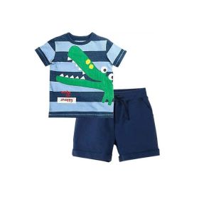 Baby 2pcs Striped Pattern Cartoon Animal Patched Tee Combo Solid Shorts Handsome Sets (Color: Blue, Size/Age: 120 (5-7Y))