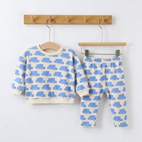 Baby All Over Print Pattern Hoodies Combo Pants Sets (Color: Blue, Size/Age: 90 (12-24M))