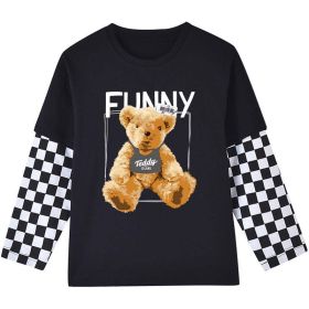 Baby Boy Bear Graphic Checkerboard Sleeve Patchwork Design Shirt (Color: Black, Size/Age: 140 (8-10Y))