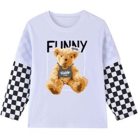 Baby Boy Bear Graphic Checkerboard Sleeve Patchwork Design Shirt (Color: White, Size/Age: 140 (8-10Y))