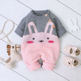 Baby 1pcs Cartton Bunny Graphic Contrast Design Shoulder Button Design Knitted Romper (Color: Pink, Size/Age: 80 (9-12M))