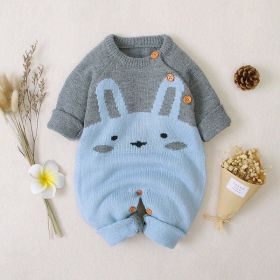 Baby 1pcs Cartton Bunny Graphic Contrast Design Shoulder Button Design Knitted Romper (Color: Blue, Size/Age: 90 (12-24M))