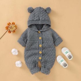 Baby 1pcs Cable Knitted Graphic Button Front Design Rompers With Hairball Patched Hat (Color: Grey, Size/Age: 73 (6-9M))