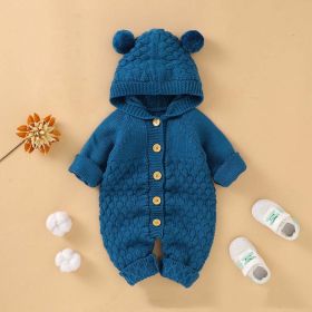 Baby 1pcs Cable Knitted Graphic Button Front Design Rompers With Hairball Patched Hat (Color: Blue, Size/Age: 90 (12-24M))