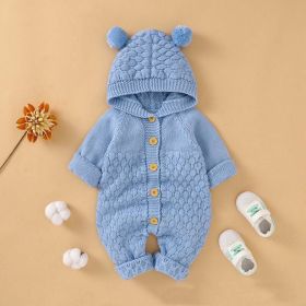 Baby 1pcs Cable Knitted Graphic Button Front Design Rompers With Hairball Patched Hat (Color: Light Blue, Size/Age: 90 (12-24M))