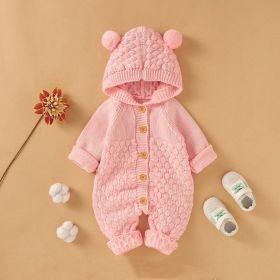 Baby 1pcs Cable Knitted Graphic Button Front Design Rompers With Hairball Patched Hat (Color: Pink, Size/Age: 90 (12-24M))