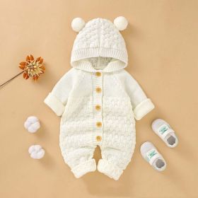 Baby 1pcs Cable Knitted Graphic Button Front Design Rompers With Hairball Patched Hat (Color: White, Size/Age: 80 (9-12M))