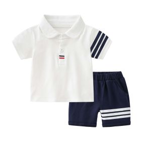 Baby Boy 1pcs Side Striped Design Quarter Button Lapel T-Shirt Combo Medium Pants Sets (Color: White, Size/Age: 73 (6-9M))