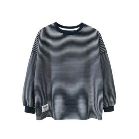 Baby Striped Pattern Long Sleeves O-Neck Loose Shirt (Color: Black, Size/Age: 150 (10-12Y))