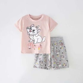 Baby 2pcs Striped Pattern Cartoon Animal Patched Tee Combo Solid Shorts Handsome Sets (Color: Pink, Size/Age: 110 (3-5Y))