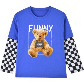 Baby Boy Bear Graphic Checkerboard Sleeve Patchwork Design Shirt (Color: Blue, Size/Age: 100 (2-3Y))