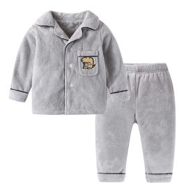 Baby 1pcs Cartoon Animal Pattern Coral Fleece Cardigan & Pants Tracksuit Sets (Color: Grey, Size/Age: 120 (5-7Y))