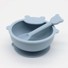 Baby Cartoon Bear Shape Complementary Food Training Silicone Bowl With Spoon Sets (Color: Blue, Size/Age: Average Size (0-8Y))