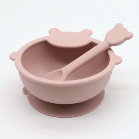 Baby Cartoon Bear Shape Complementary Food Training Silicone Bowl With Spoon Sets (Color: Light Pink, Size/Age: Average Size (0-8Y))
