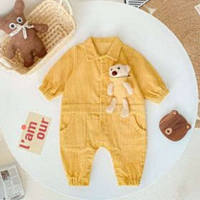 Baby 3D Cartoon Bear Patched Design Corduroy Fabric Button Front Romper (Color: Yellow, Size/Age: 100 (2-3Y))