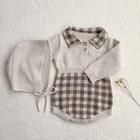 Baby Checkerboard Pattern Polo Neck Knit Warm Onesies (Color: Apricot, Size/Age: 80 (9-12M))