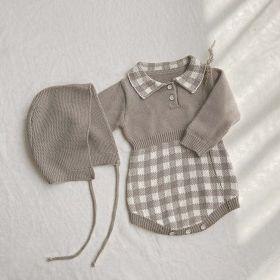 Baby Checkerboard Pattern Polo Neck Knit Warm Onesies (Color: Brown, Size/Age: 80 (9-12M))