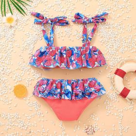 Baby Girl Floral Pattern Belted Sling Tops Combo Ruffle Triangle Shorts Swimsuit (Color: Red, Size/Age: 110 (3-5Y))