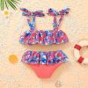 Baby Girl Floral Pattern Belted Sling Tops Combo Ruffle Triangle Shorts Swimsuit