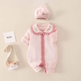 Baby Girl Floral Embroidered Pattern Knitted Romper With Hat (Color: Pink, Size/Age: 80 (9-12M))