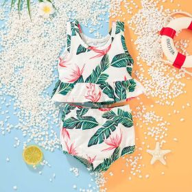Baby Girl 2pcs Polka Dot & Animal Graphic Ruffle Hem Tops Combo Triangle Shorts Swimsuit (Color: Green, Size/Age: 110 (3-5Y))