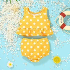 Baby Girl 2pcs Polka Dot & Animal Graphic Ruffle Hem Tops Combo Triangle Shorts Swimsuit (Color: Yellow, Size/Age: 90 (12-24M))