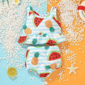 Baby Girl 2pcs Polka Dot & Animal Graphic Ruffle Hem Tops Combo Triangle Shorts Swimsuit (Color: Blue, Size/Age: 120 (5-7Y))