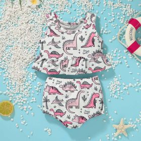 Baby Girl 2pcs Polka Dot & Animal Graphic Ruffle Hem Tops Combo Triangle Shorts Swimsuit (Color: Pink, Size/Age: 100 (2-3Y))