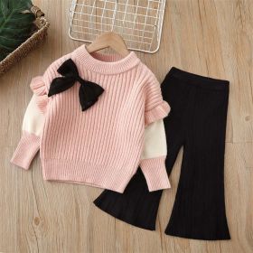 Baby Solid Color Bow Patched Sweater With Pants Sets (Color: Pink, Size/Age: 130 (7-8Y))