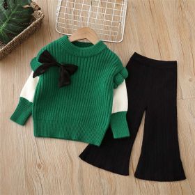 Baby Solid Color Bow Patched Sweater With Pants Sets (Color: Green, Size/Age: 90 (12-24M))