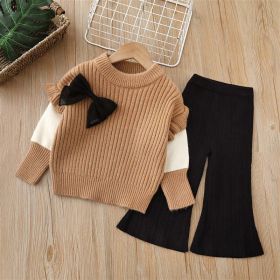 Baby Solid Color Bow Patched Sweater With Pants Sets (Color: Coffee, Size/Age: 120 (5-7Y))