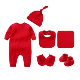 Newborn Solid Color Romper Hat; Bib; Gloves; Footwear; Square Scarf Sets (Color: Red, Size/Age: 52 (Newborn))