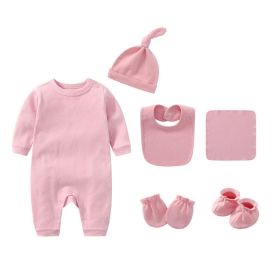 Newborn Solid Color Romper Hat; Bib; Gloves; Footwear; Square Scarf Sets (Color: Pink, Size/Age: 52 (Newborn))