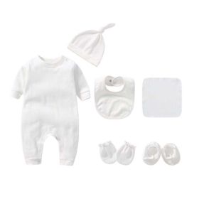 Newborn Solid Color Romper Hat; Bib; Gloves; Footwear; Square Scarf Sets (Color: White, Size/Age: 73 (6-9M))