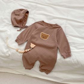 Baby Dot Pattern Cartoon Bear Patched Design Jumpsuit With Hat (Color: Brown, Size/Age: 66 (3-6M))