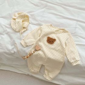 Baby Dot Pattern Cartoon Bear Patched Design Jumpsuit With Hat (Color: Apricot, Size/Age: 100 (2-3Y))