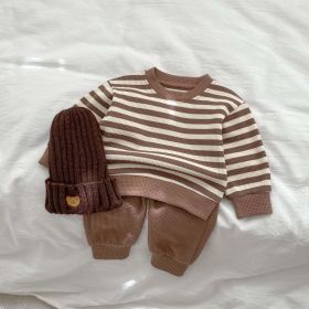 Baby Striped Pattern Waffle Fabric Hoodies Combo Pants Sets (Color: Brown, Size/Age: 90 (12-24M))