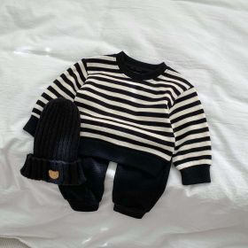 Baby Striped Pattern Waffle Fabric Hoodies Combo Pants Sets (Color: Black, Size/Age: 90 (12-24M))