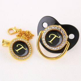 Black Bling Baby Pacifier And Clip Alphabet Letter Nipple (Letter: T)