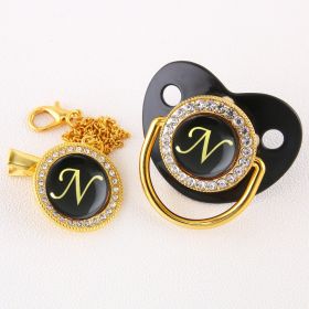 Black Bling Baby Pacifier And Clip Alphabet Letter Nipple (Letter: N)
