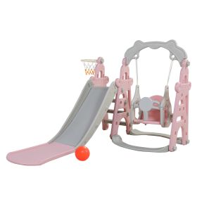 Children Slide Swing Set, 3-in-1 Combination Activity Center Freestanding Slides Playset for Kids Indoor Toddler Climbing Stairs Toy with Basketball H (Color: gray + pink)