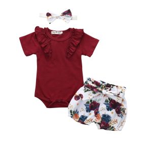 Girl Baby Set Short Sleeved Jumpsuit Crawling Suit Floral Shorts Headwear (Option: Jujube red fungus edge-70cm)