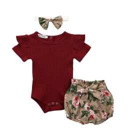 Girl Baby Set Short Sleeved Jumpsuit Crawling Suit Floral Shorts Headwear (Option: Wine red coffee shorts-100cm)